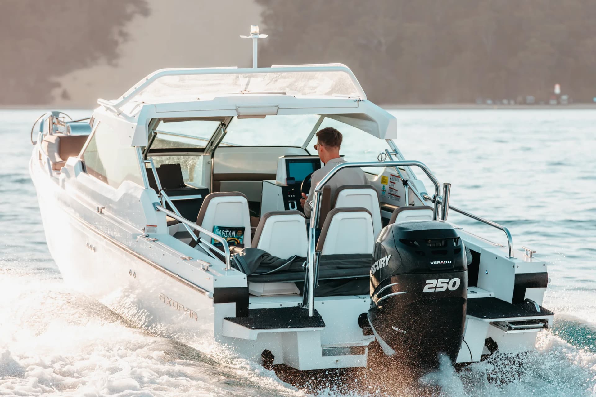 Stern of Sea La Vie with Mercury Verado 250 and aft seating, Moreton Bay