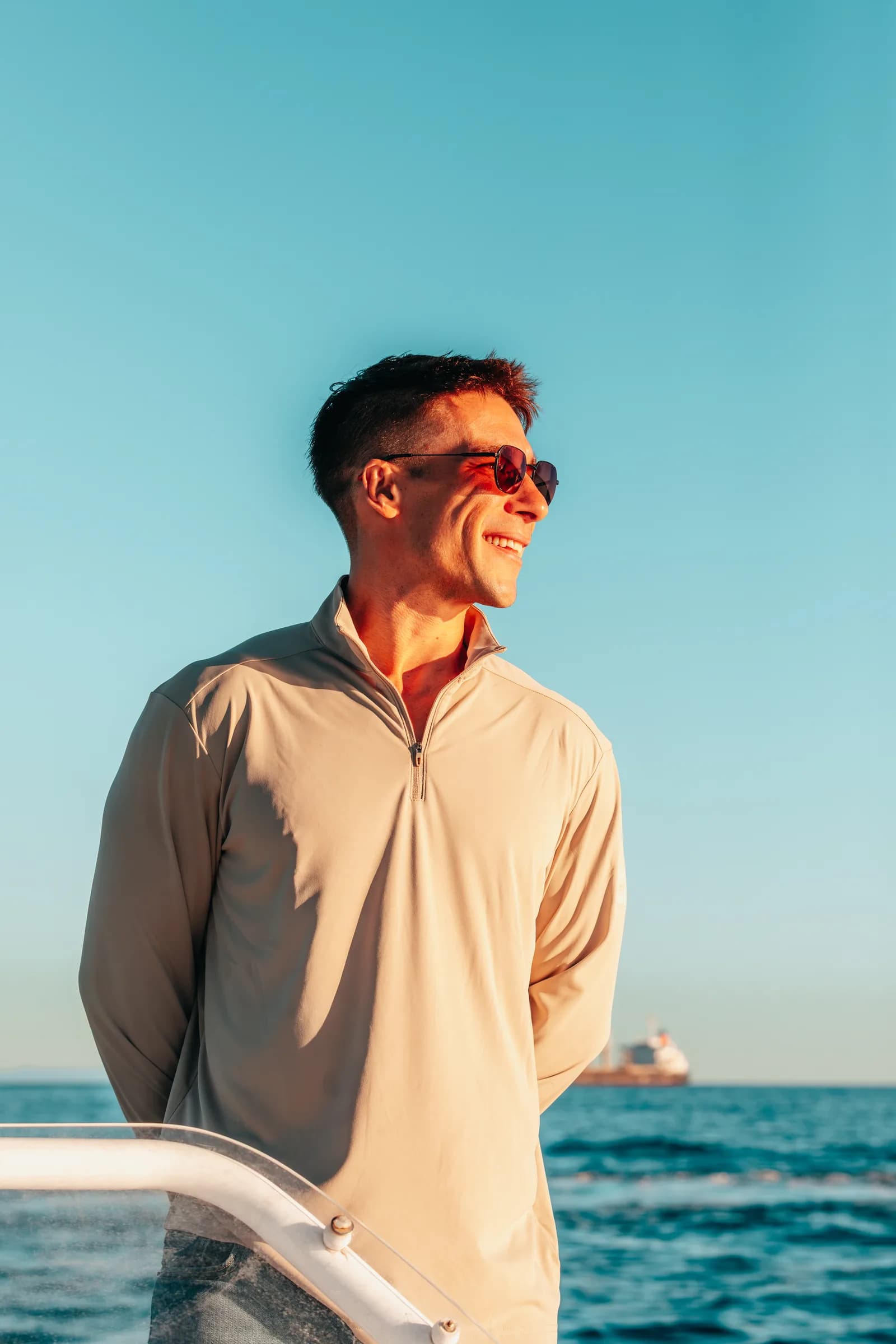 Captain Jeremy on Moreton Bay at golden hour