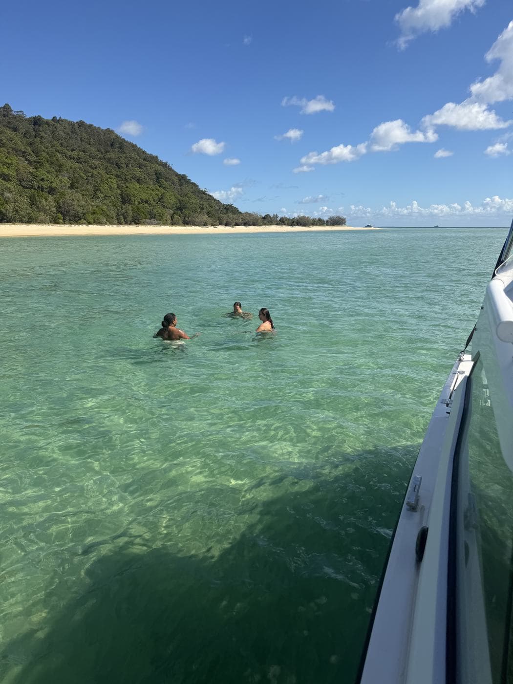 Swimmers in translucent green water off a forested Moreton Island beach beside the boat