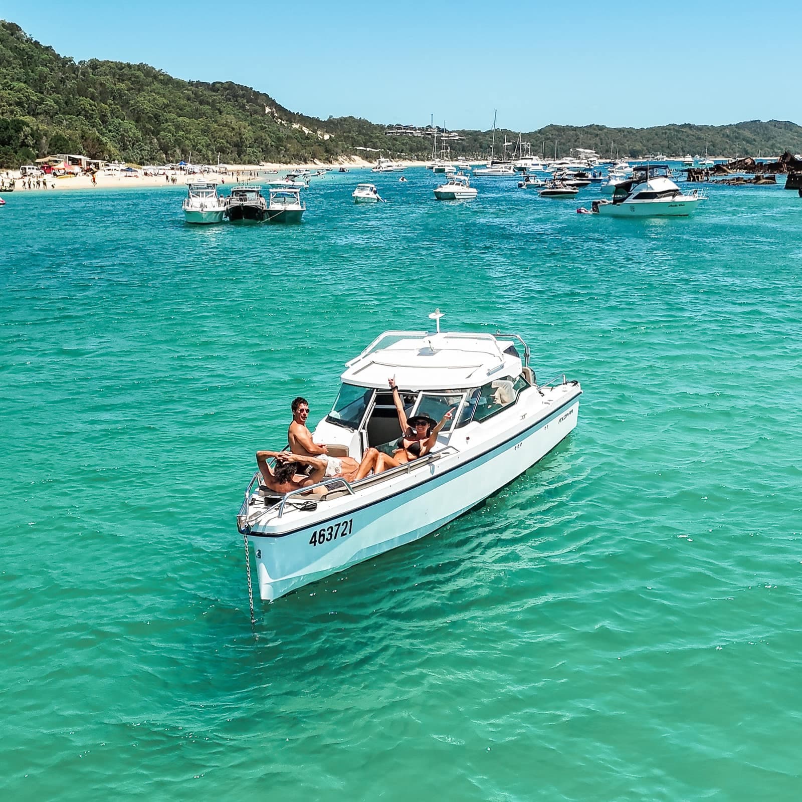Aerial view of the Sea La Vie Axopar 24 anchored on Moreton Bay