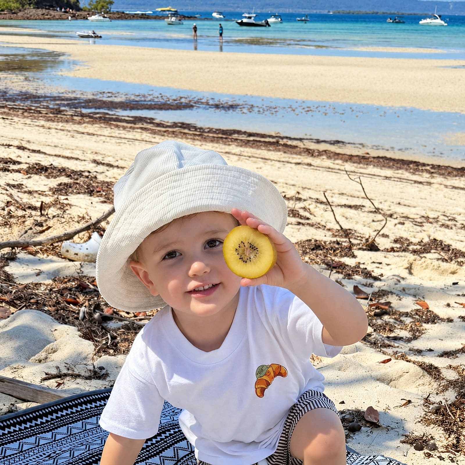 A child on the beach holding up a slice of kiwi fruit