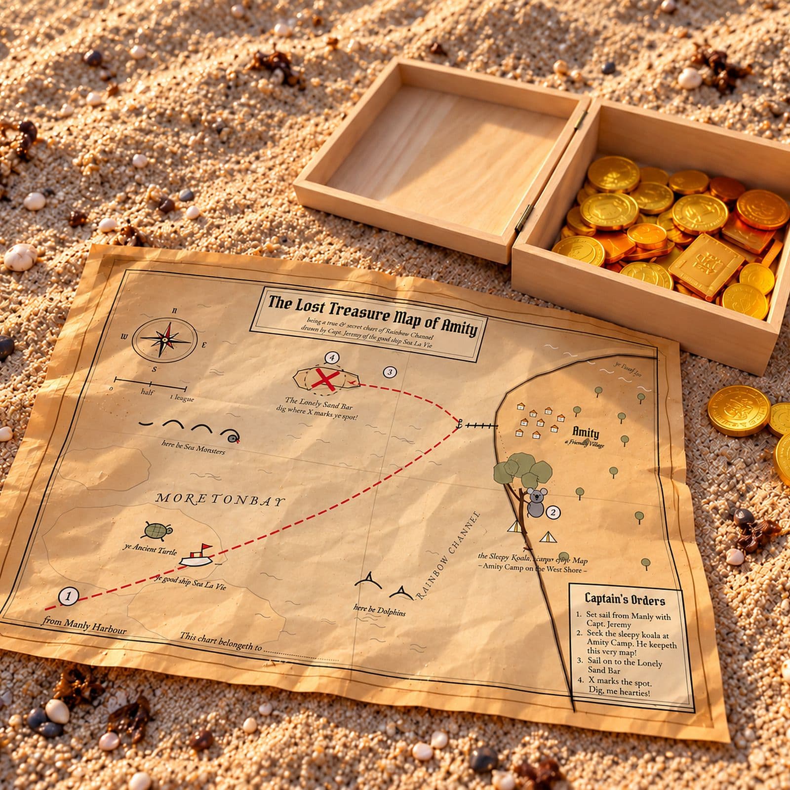 The treasure map and a chest of gold coins on the sand