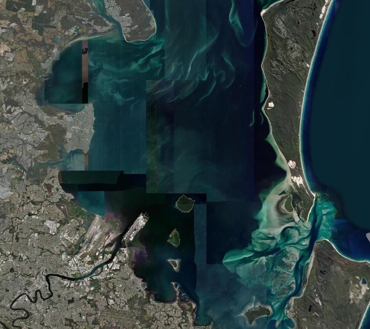 Satellite map of Moreton Bay with an example Sea La Vie route